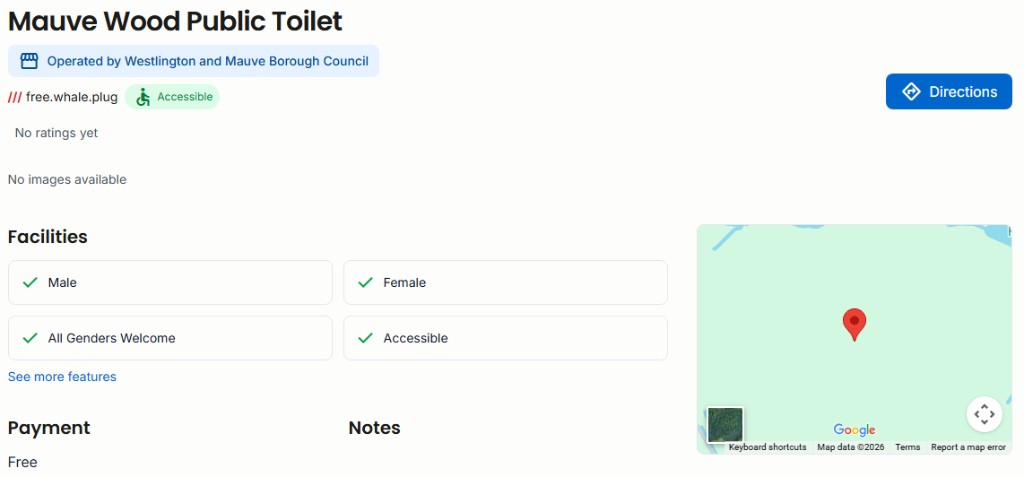 Toiletly toilet page showing Operated by badge for a council-operated facility